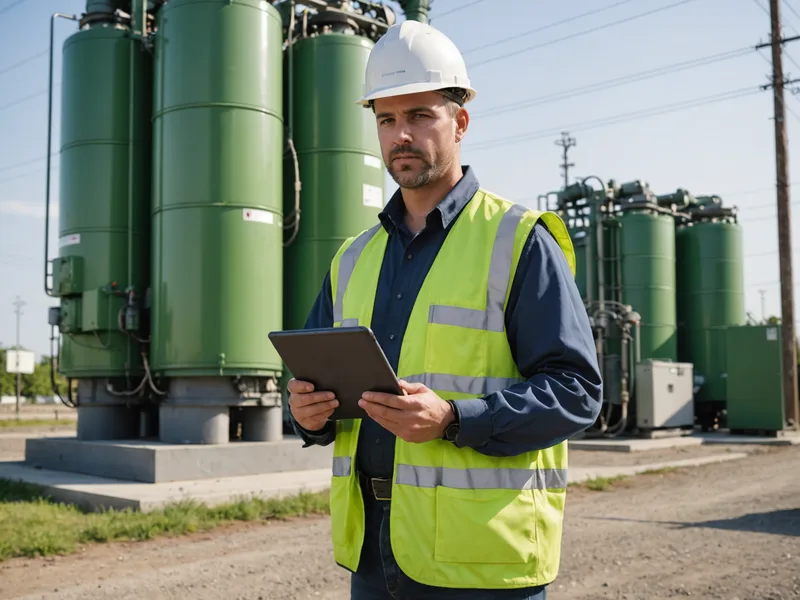 Engineer with tablet inspecting transformer equipment at an outdoor utility substation